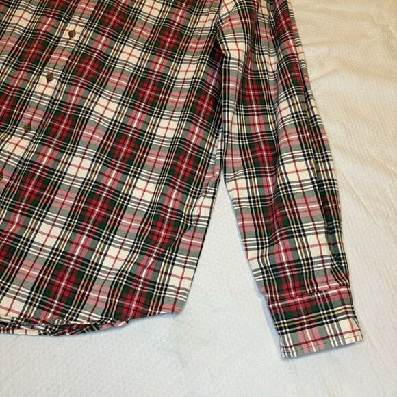 LANDS END Mens Shirt Large Tall Red Green Christmas Plaid Button Up Long Sleeve - Picture 5 of 11